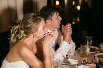 Bride is crying on the wedding celebration