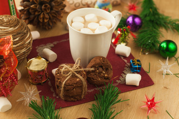 Obraz na płótnie Canvas Christmas cocoa with marshmallow and homemade cookies with chocolate and nuts,. New year hot drink. Merry Christmas evening beverage.