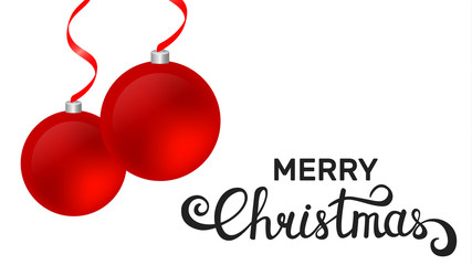 Merry Christmas card with Christmas balls on white background. Christmas hand written caligraphy