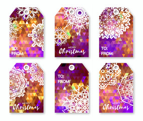 Christmas labels with origami snowflakes. Neon blue polygonal Festive collection.