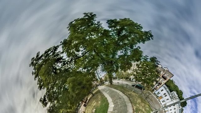Little Tiny Planet 360 Degree Ivan Franko Theater Kiev Sights Park Nearby White Building Alleys Cars on a Road Tourism in Ukraine Cityscape Blue Sky Sunny