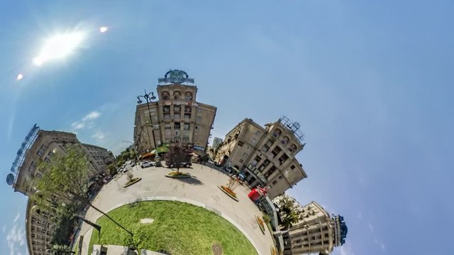 Little Tiny Planet 360 Degree Kiev Sights People Walk by Independence Square in Sunny Day Old Buildings Maidan Nezalezhnosti Tourism in Ukraine Cityscape