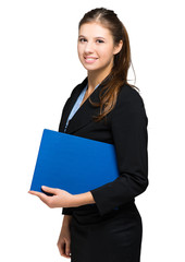 Smiling young female manager isolated on white