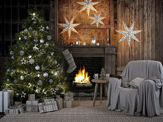 cozy christmas interior with firelace and christmastree. 3D RENDERING