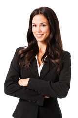 Confident attractive young businesswoman real estate agent financial planner with arms crossed...