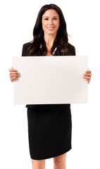 Businesswoman with Blank Sign isolated on White background