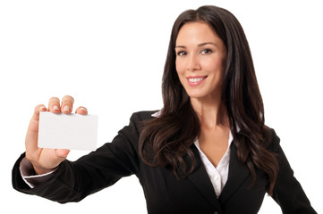 Attractive female businesswoman sales customer service rep holding showing blank business credit...