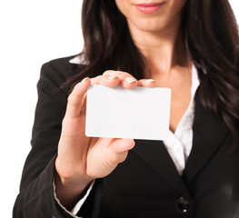 Cropped businesswoman with blank business credit gift membership card isolated on white background