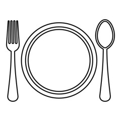 Plate, spoon and fork icon. Outline illustration of plate, spoon and fork vector icon for web