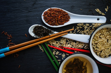 Green tea and different types of rice