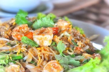 Pad Thai with shrimp, one of Thailand's signature food. Noodle are made from rice