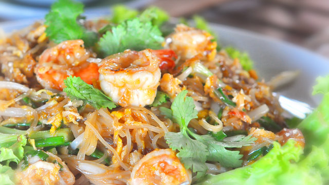 Pad Thai with shrimp, one of Thailand's signature food. Noodle are made from rice