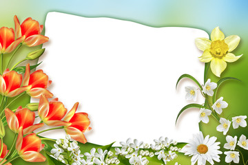 Holiday Spring card. Floral background. Bright colorful flowers.