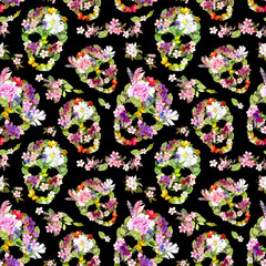 Floral skulls with flowers. Seamless pattern. Watercolor