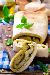 Home-made bread with pesto sauce