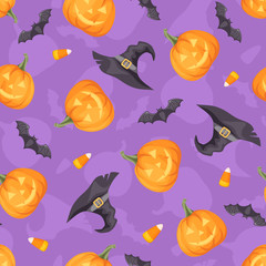 Vector Halloween seamless background with jack-o-lanterns, bats and witches hats on purple.