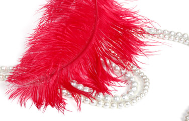 Strings of pearl beads and ostrich red feathers - vintage style