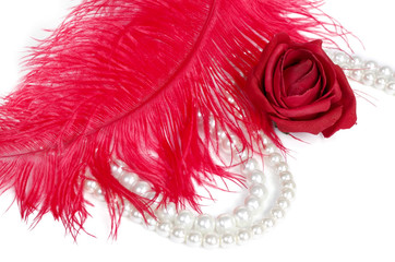 Strings of pearl beads and ostrich red feathers - vintage style