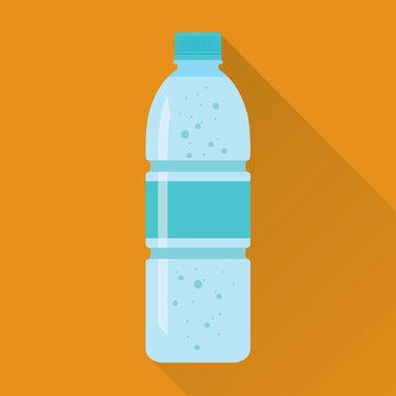 Plastic bottle of fresh sparkling water icon in flat style isolated on orange background. Stylized vector eps10 illustration.