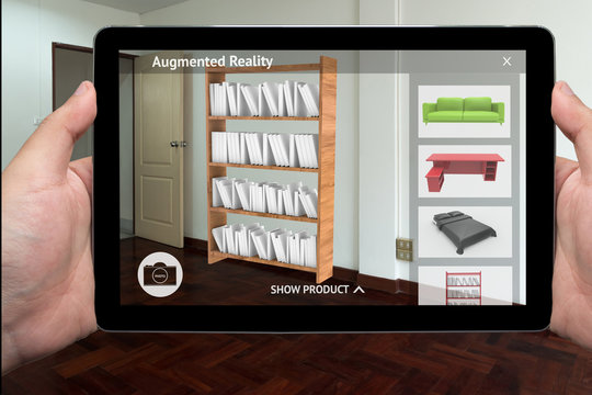 Augmented reality marketing technology concept. Hand holding tablet use AR application for simulate furniture and interior design products in room home. 3D rendering