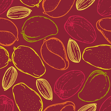 Seamless pattern with mango. Collection of mangos. Tropical fruit. Hand drawn food background. 
