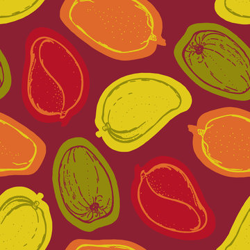 Seamless pattern with mango. Collection of mangoes. Tropical fruit. Hand drawn food background. 