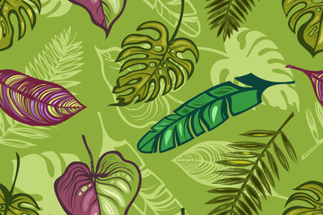 Seamless pattern with leaves of tropical plants. Exotic background. Texture for wallpaper, postcards, fabric, paper, printing.