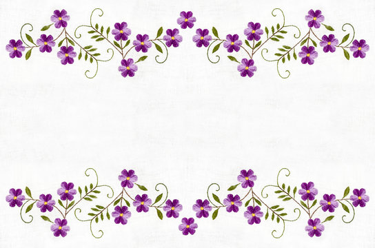 Border from violet flowers and leaf embroidered satin stitch on white background
