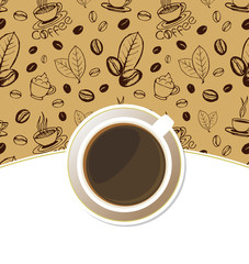 Coffee cup on a saucer top view background. White mug full of coffee on sketchy hand drawn backdrop. Vector eps10 illustration.
