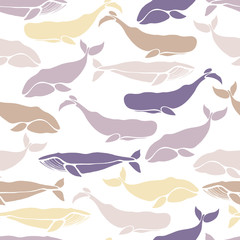 Seamless pattern with whales. Bowhead whales, the sperm whale, the blue whale. Silhouettes of sea mammals.