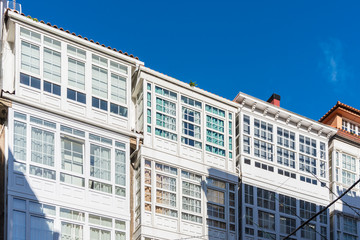 Wooden glazed windows in A Coruna, Galicia, Spain.