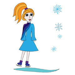 Colorful girl in beautiful blue dress on skates with fly snowfla
