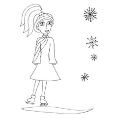 Girl with long hairs in beautiful dress on skates with fly snowf