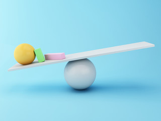 3d Different geometric shapes balancing on a seesaw.