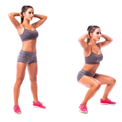 Bodyweight Squat exercise. Young woman doing sport exercise.