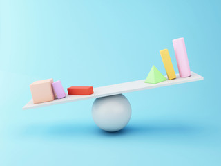 3d Different geometric shapes on balance.