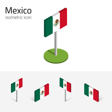 Mexico flag (United Mexican States), vector set of isometric flat icons, 3D style, different views. Editable design elements for banner, website, presentation, infographic, poster, map. Eps 10