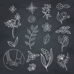 Doodles flower, branches, couple holding hands, decor elements set. For design template, invitations, logo. Outline. Isolated. 