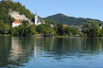 Fototapeta na wymiar Lake Bled and is overlooked by Bled Castle, Slovenia