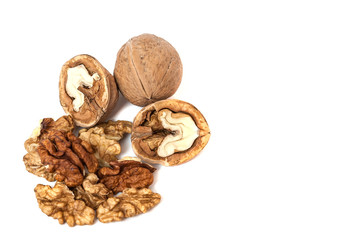 Kernels of walnut close up on white background