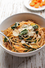 Kale, Tomato and Parmesan pasta dish with honeyed carrots