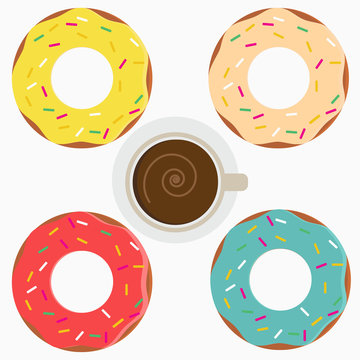 Set of flat vector donuts with colored icing and cup of coffee isolated on white.