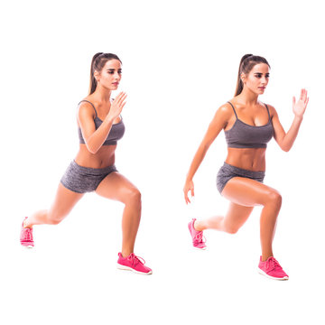 Split Squats. Young woman doing sport exercise.