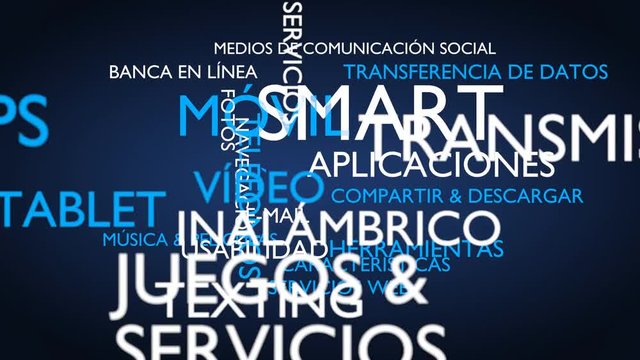 Smart, mobile, applications word tag cloud - blue, Spanish variant, 3D rendering, UHD