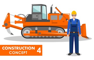 Worker concept. Detailed illustration of workman and dozer in flat style on white background. Heavy construction machine. Vector illustration.