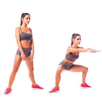 Sumo Squat exercise. Young woman doing sport exercise.