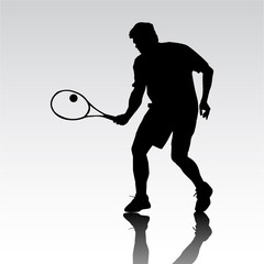 silhouette tennis player . black and white drawing on a white background