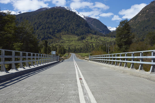 Bridge crossing the Rio Frio on the Carretera Austral road in the Aysen Region of southern Chile.