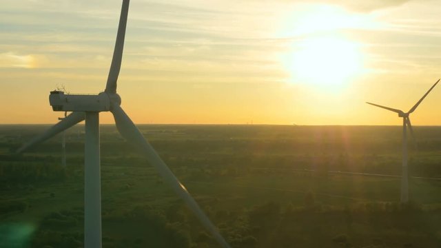 Aerial Shot of Wind Turbines in Sunset Light