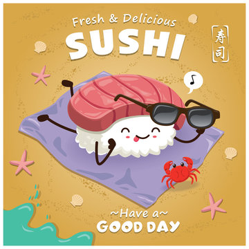 Vintage Sushi poster design with sushi character. Chinese word means sushi.